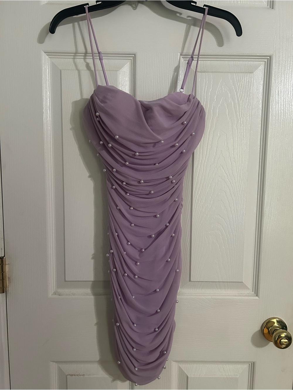 Windsor Lavender Pearl-Embellished Ruched Slip Dress